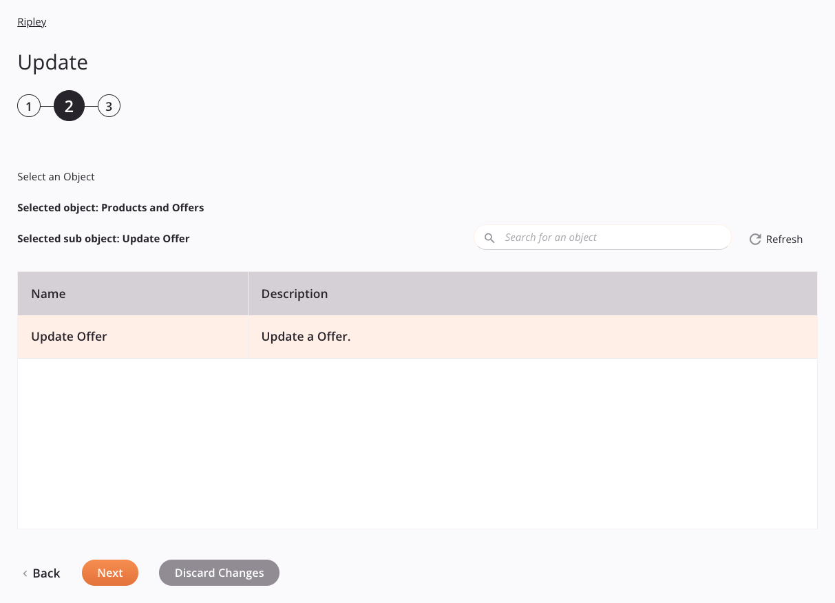 Paso 2 de configuración de la actividad de actualización de Ripley