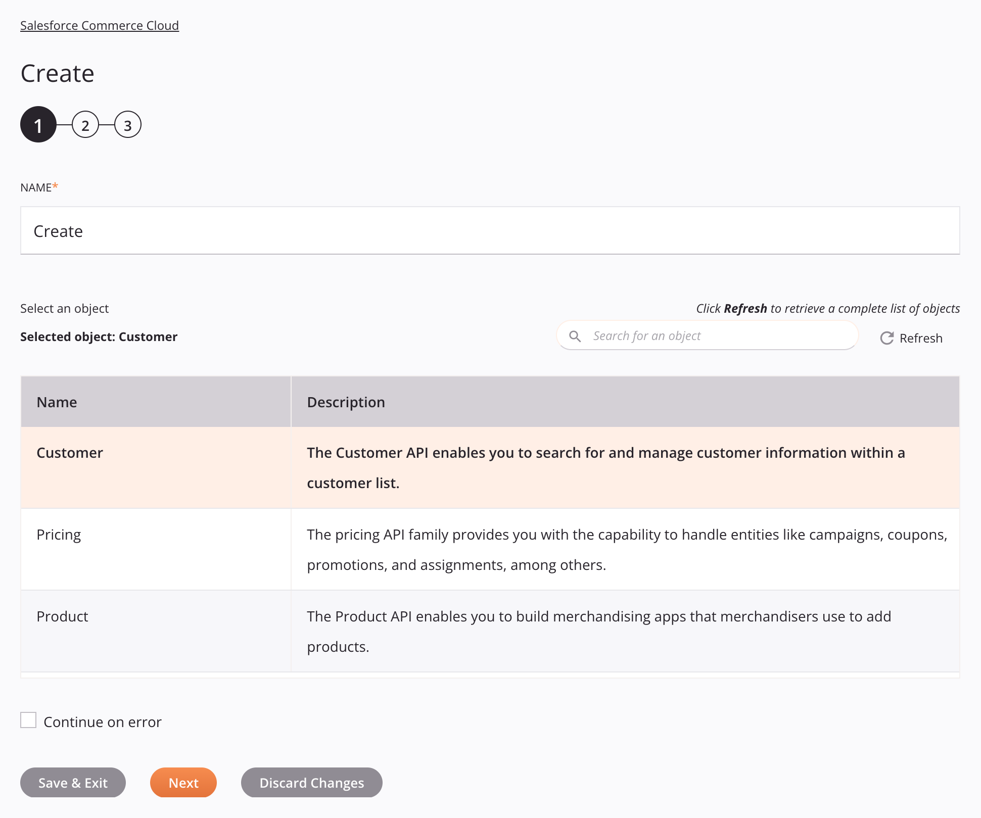 Etapa 1 da configuração da atividade Criar do Salesforce Commerce Cloud