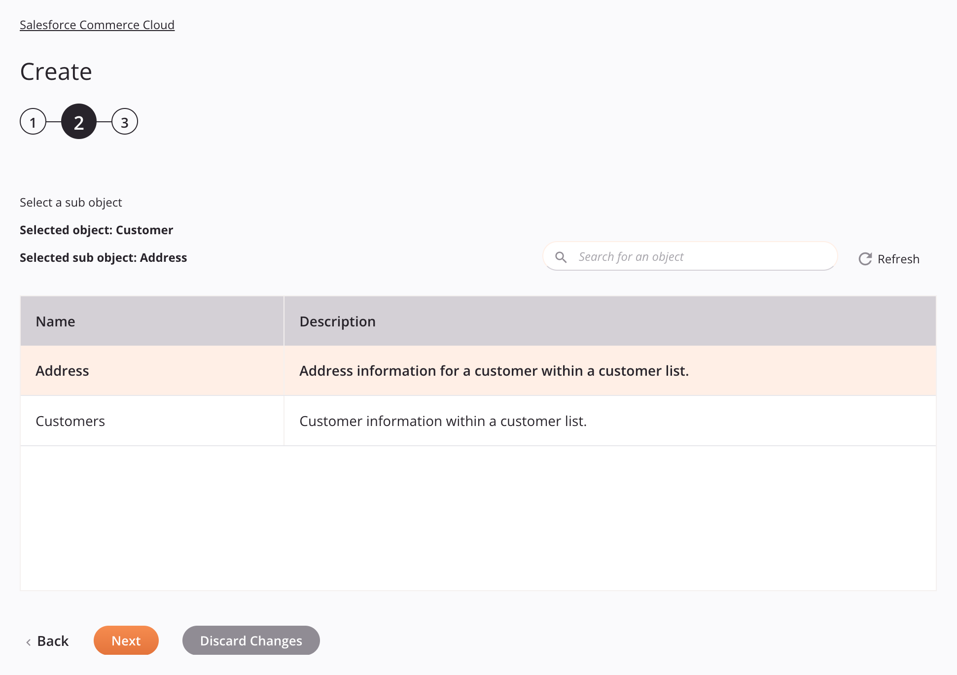 Salesforce Commerce Cloud Crear configuración de actividad, paso 2