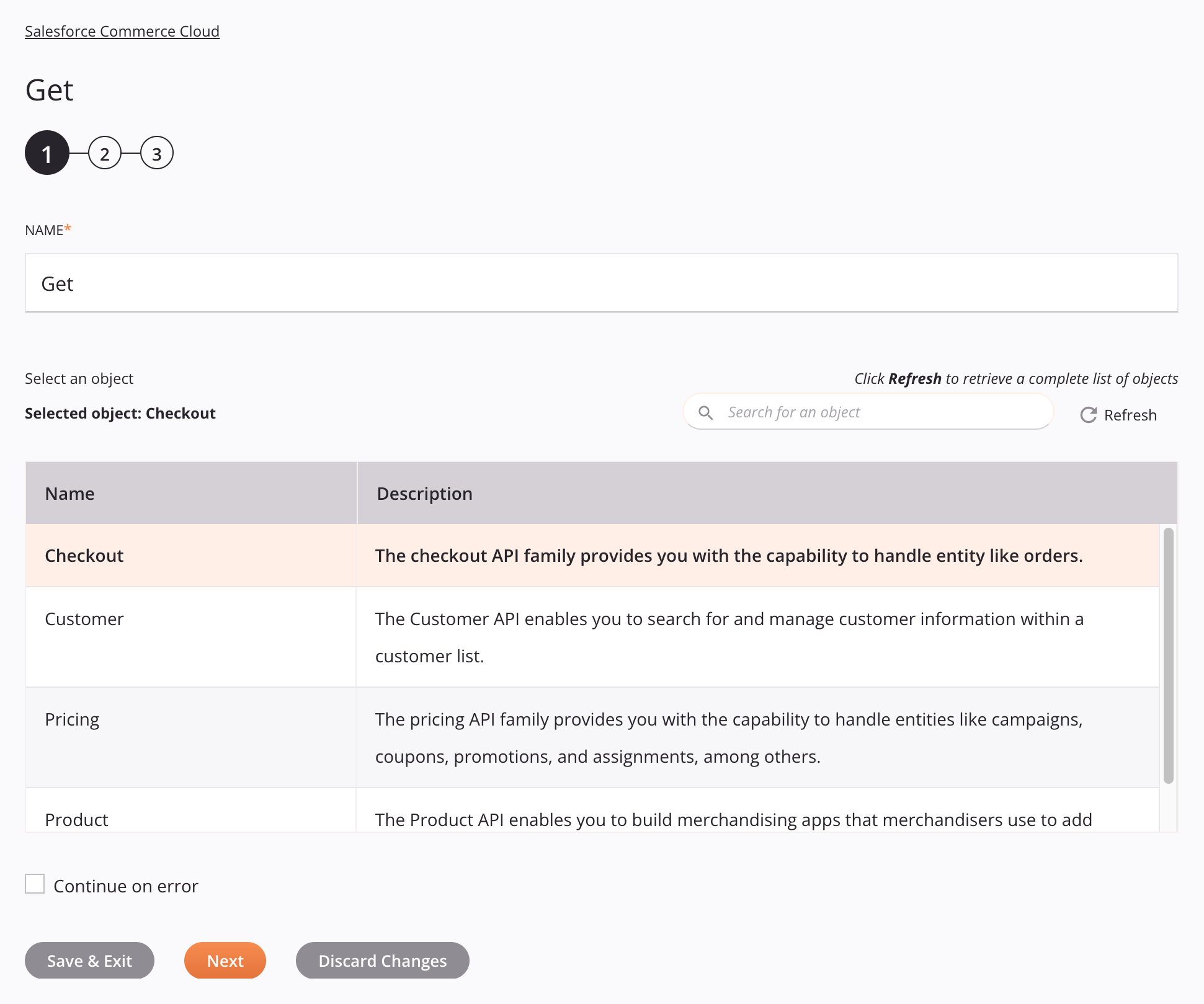 Paso 1 de la configuración de la actividad de obtención de Salesforce Commerce Cloud