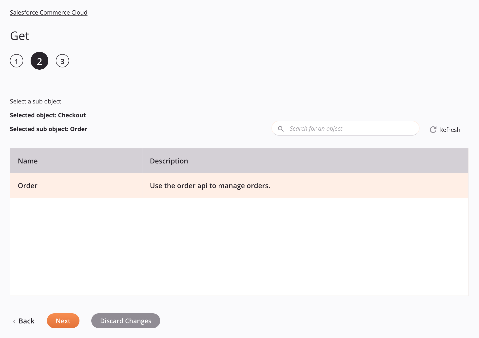 Paso 2 de la configuración de la actividad de obtención de Salesforce Commerce Cloud