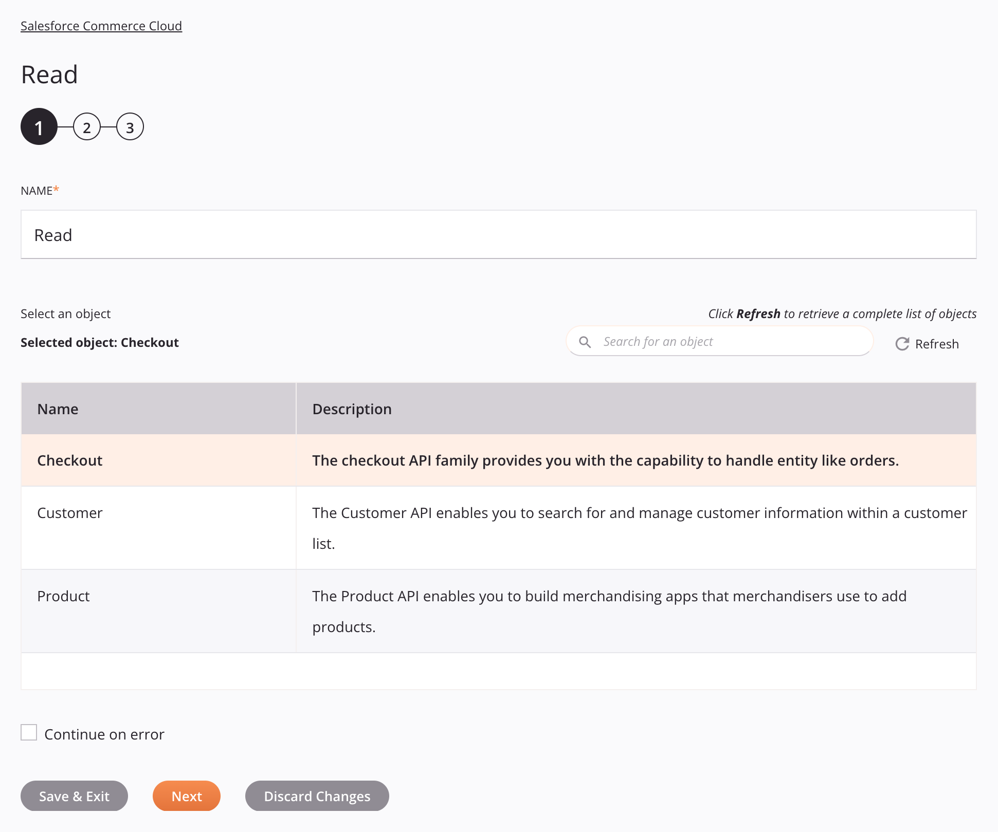 Etapa 1 da configuração da atividade de leitura do Salesforce Commerce Cloud