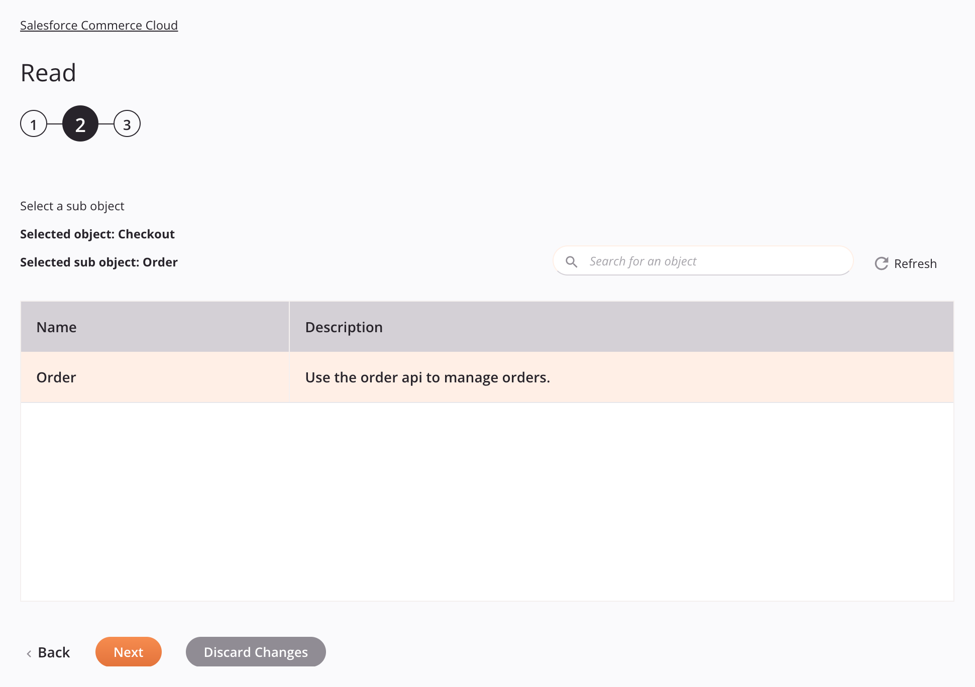 Paso 2 de la configuración de la actividad de lectura de Salesforce Commerce Cloud