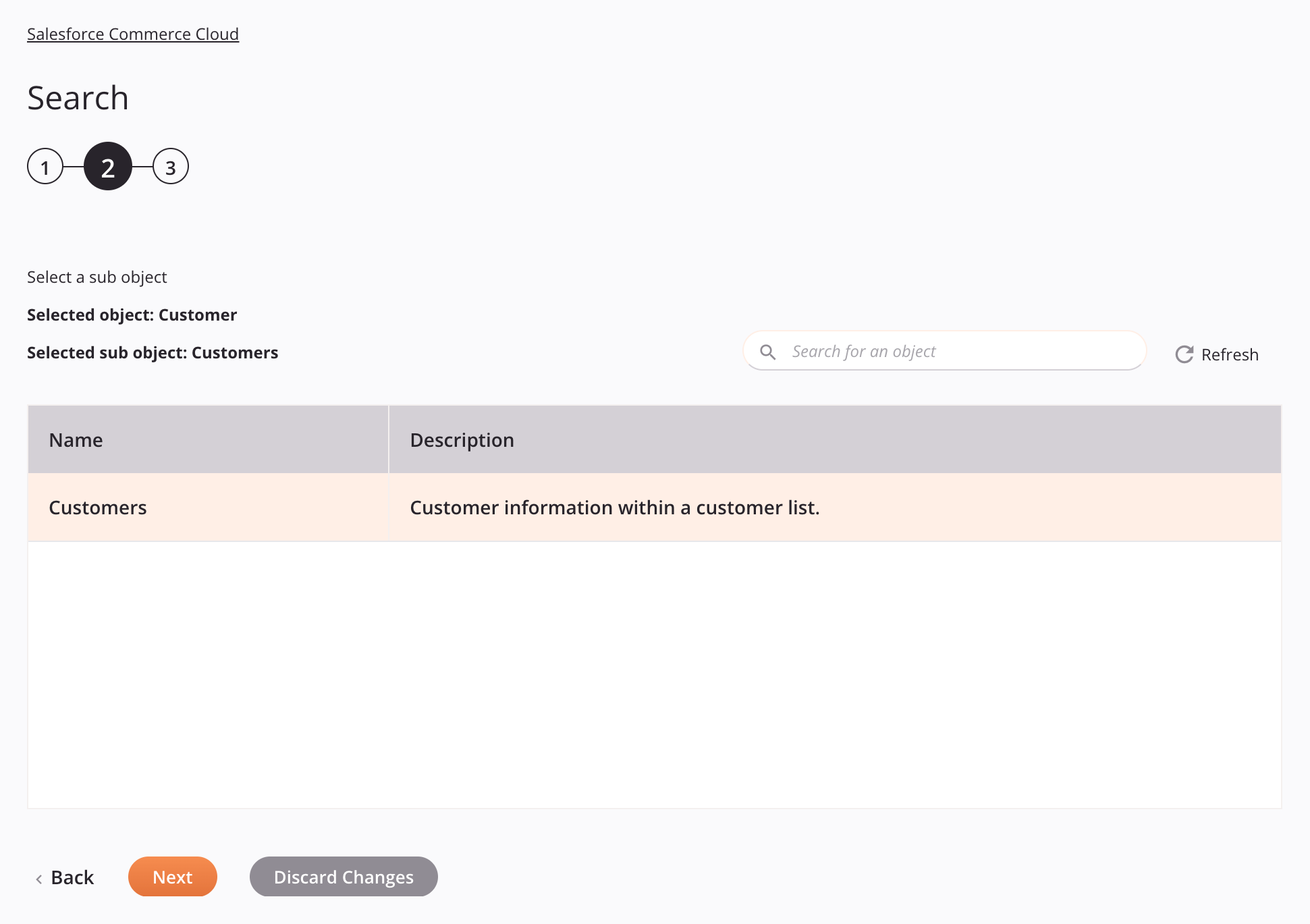 Etapa 2 da configuração da atividade de pesquisa do Salesforce Commerce Cloud