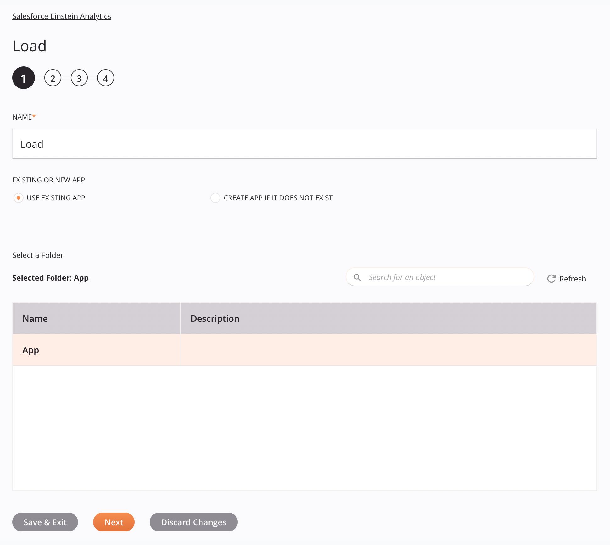 Paso 1 de configuración de la actividad de carga de Salesforce Einstein Analytics