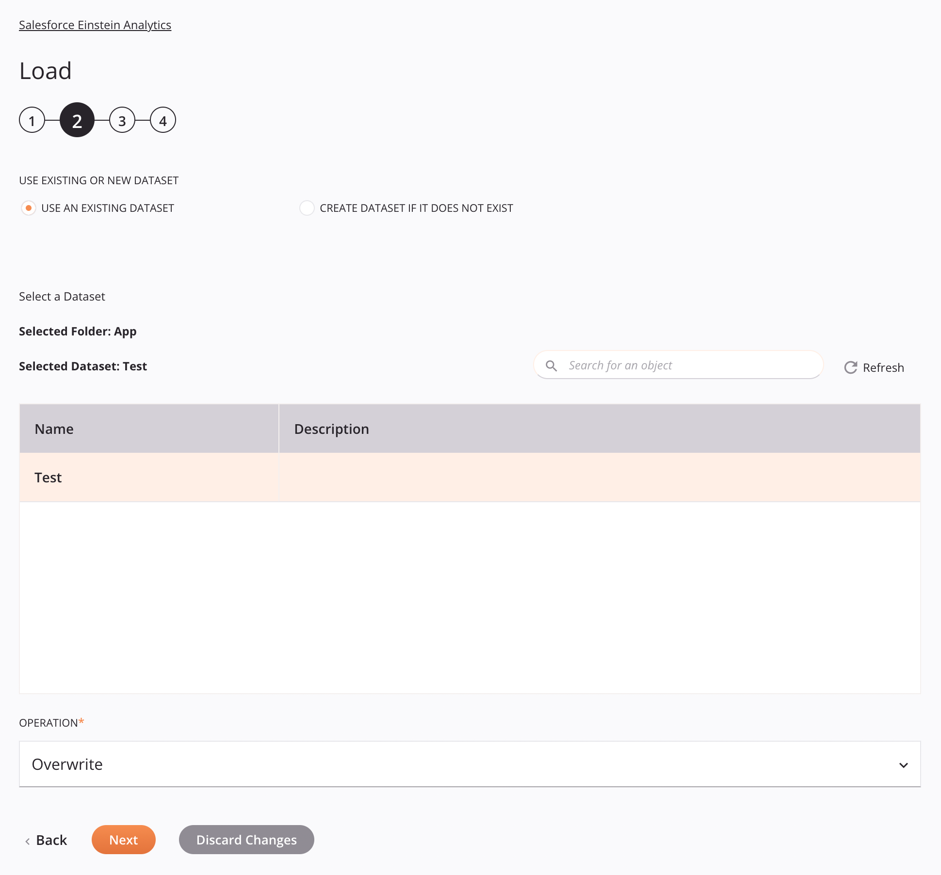 Salesforce Einstein Analytics Load activity configuration step 2