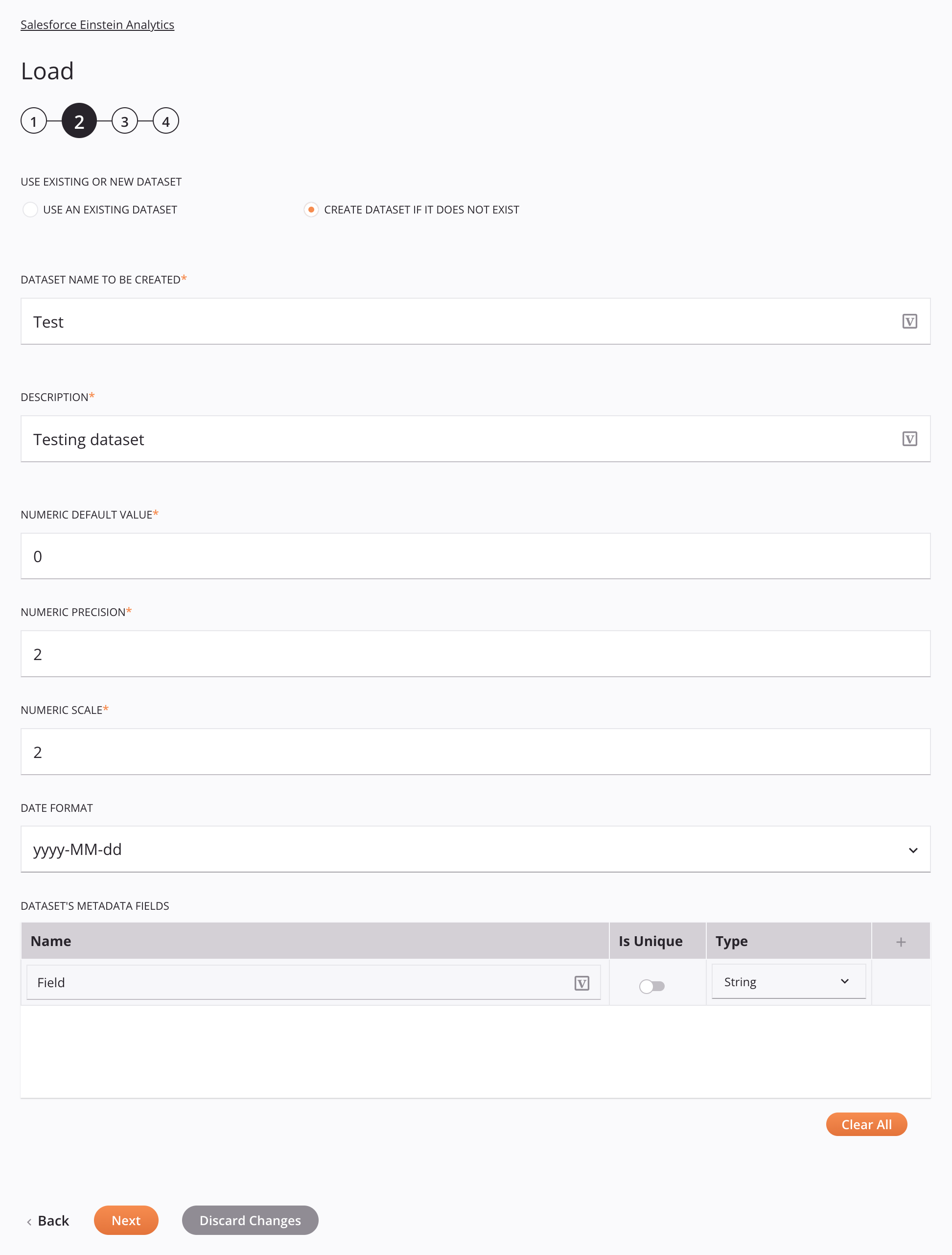 Paso 2b de configuración de la actividad de carga de Salesforce Einstein Analytics