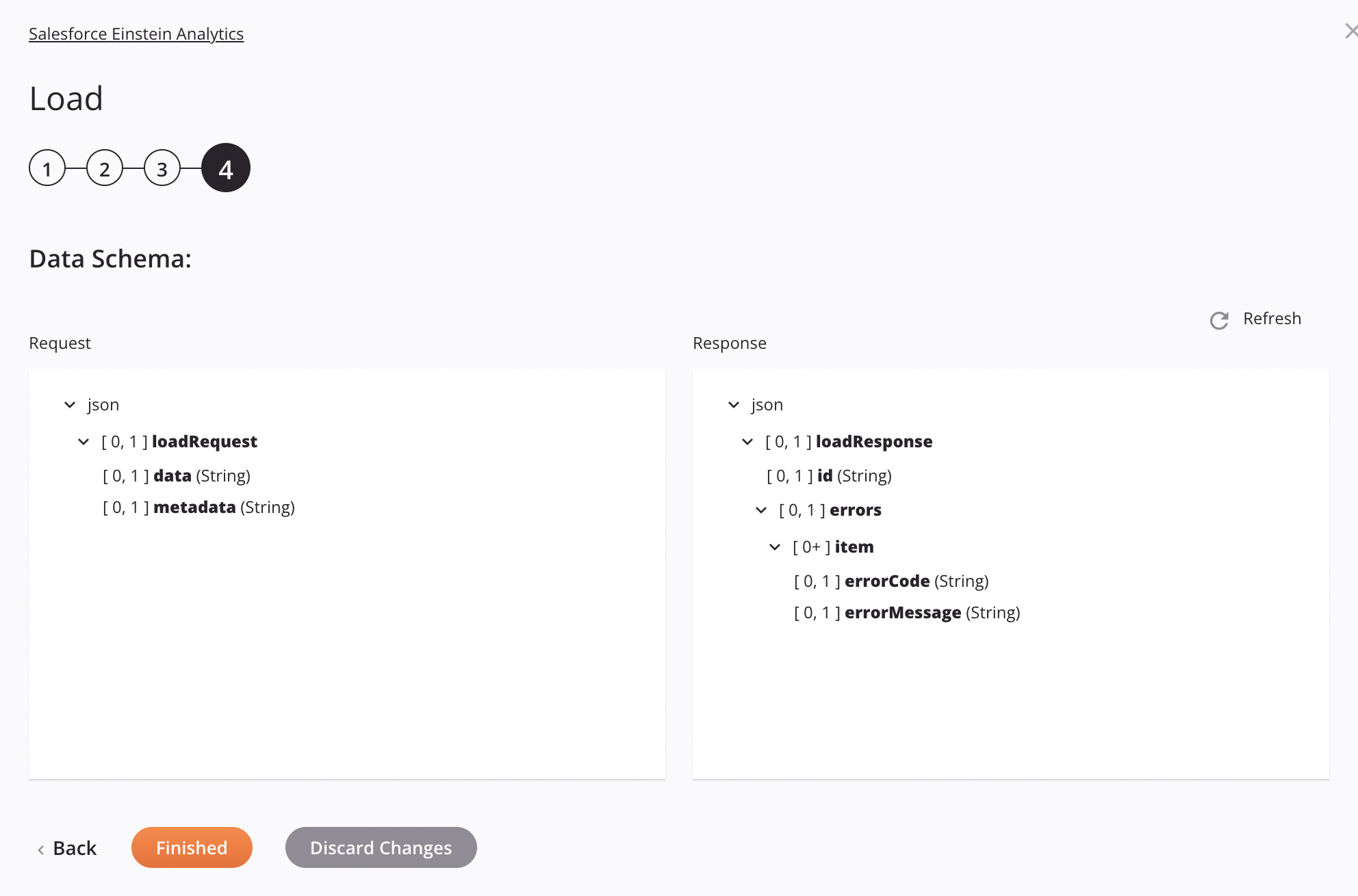 Abordagem de arquivo da etapa 4 da configuração da atividade de carga do Salesforce Einstein Analytics