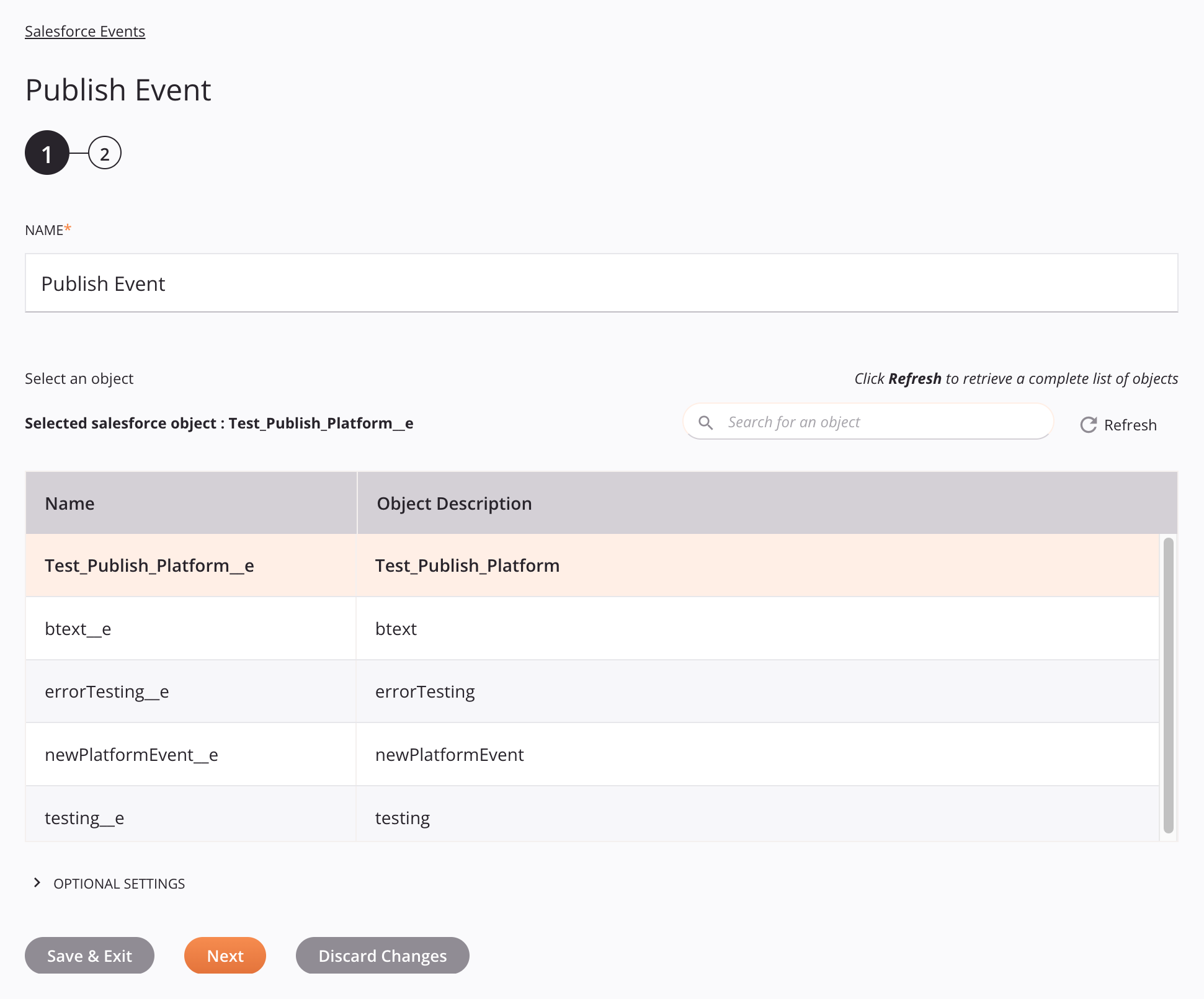 Salesforce Events activity configuration step 1