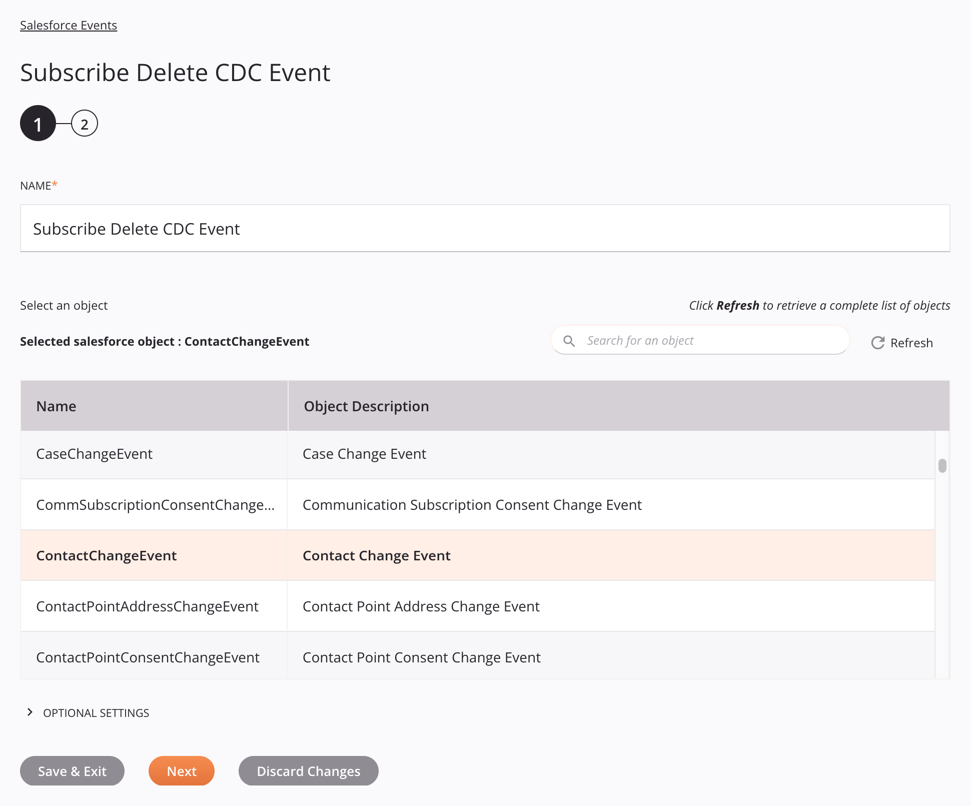 Salesforce Events activity configuration step 1