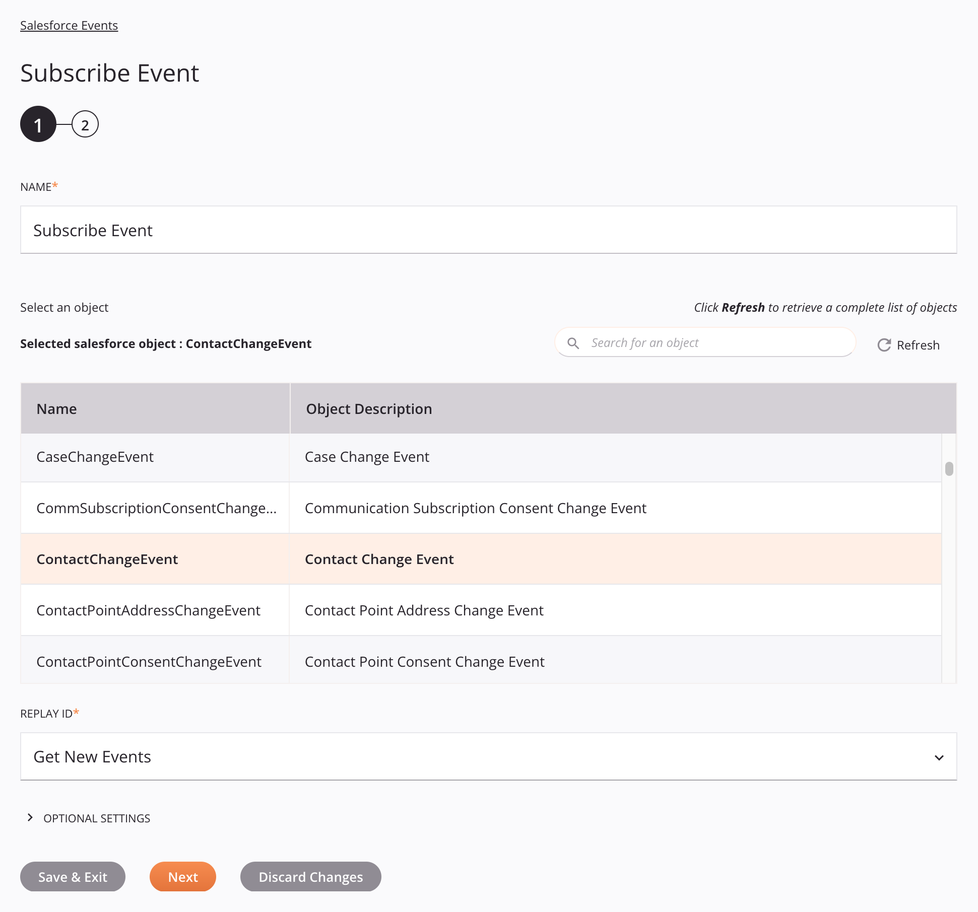 Salesforce Events activity configuration step 1