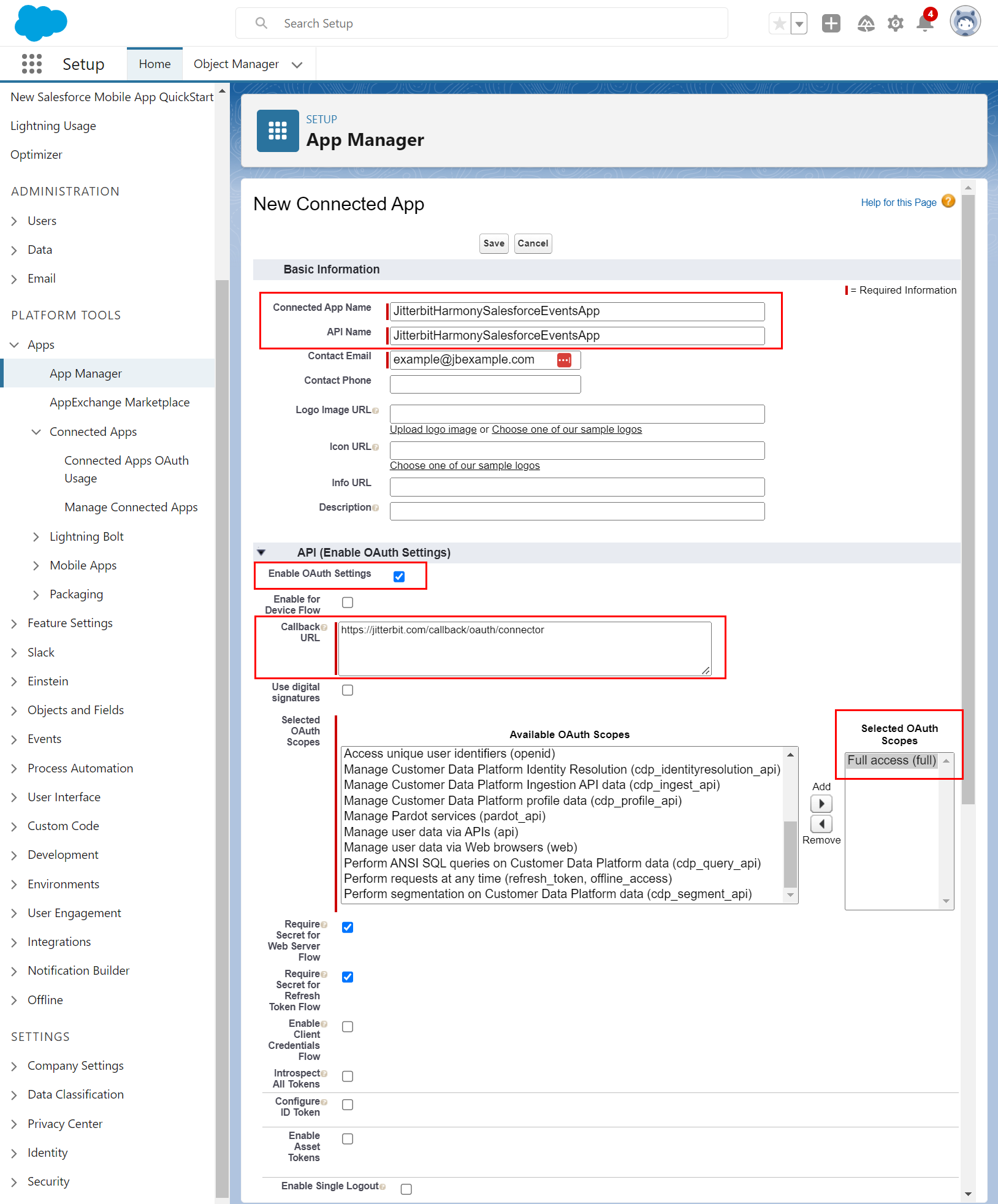 configuración de la nueva aplicación conectada de Salesforce anotada