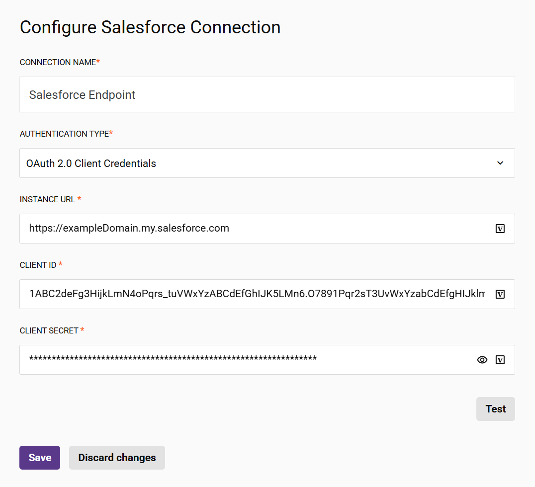 Salesforce connection configuration panel with Authentication type set to OAuth 2.0 Client Credentials