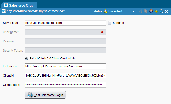 Salesforce Org wizard with the Select OAuth 2.0 Client Credentials checkbox selected