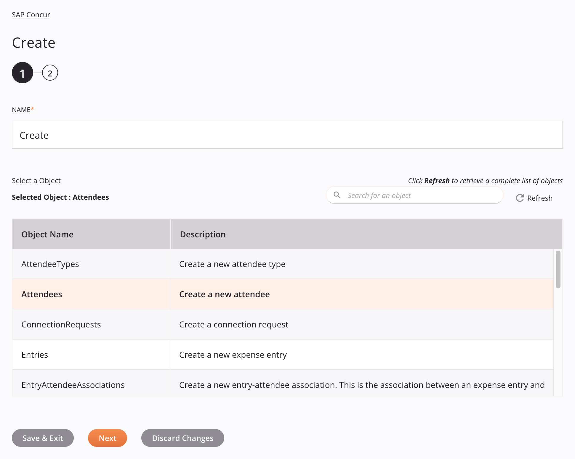 SAP Concur Crear paso 1 de configuración de actividad