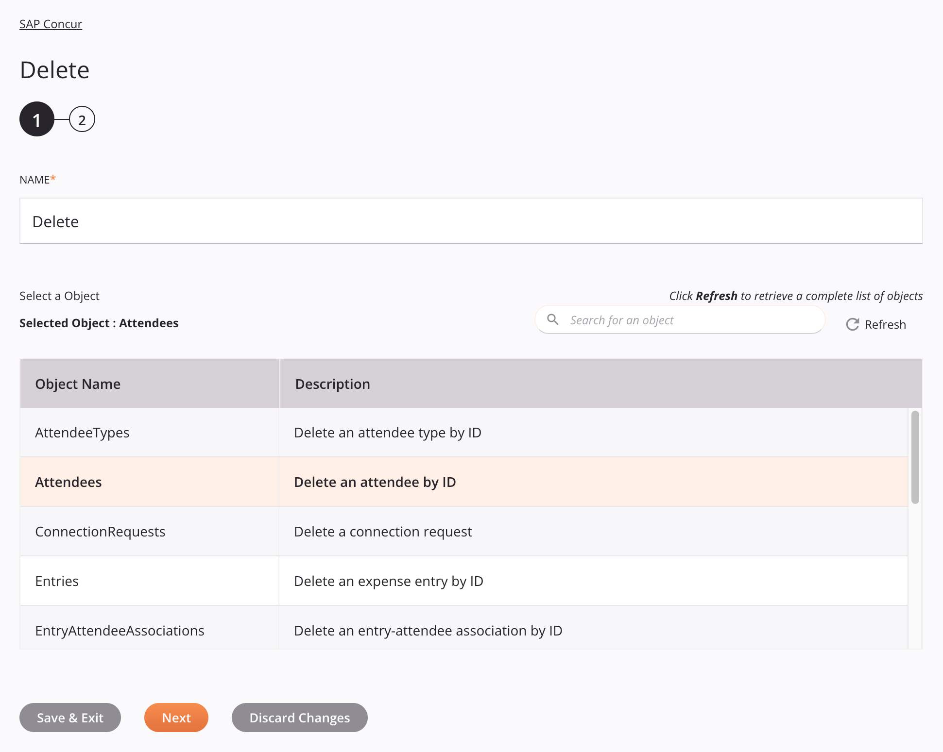 Paso 1 de configuración de la actividad de eliminación de SAP Concur