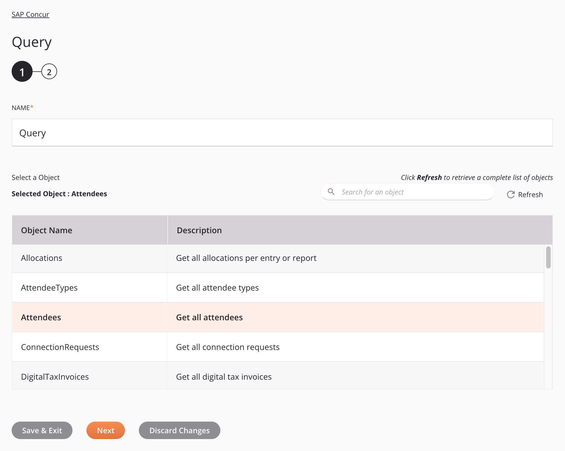 Etapa 1 da configuração da atividade SAP Concur Query