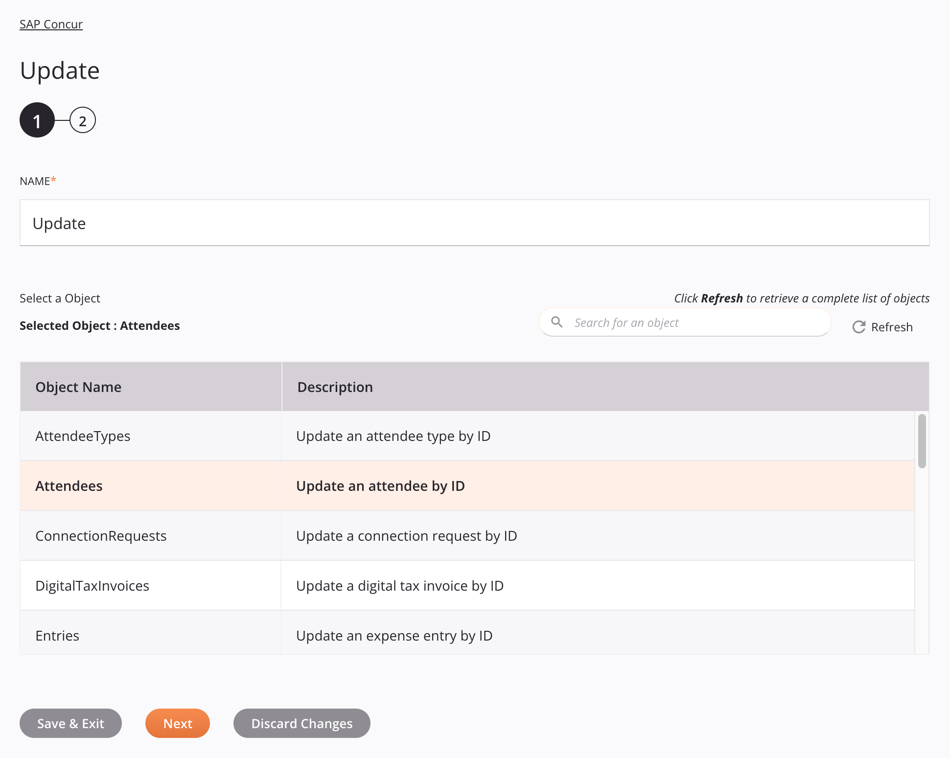 Etapa 1 da configuração da atividade de atualização do SAP Concur