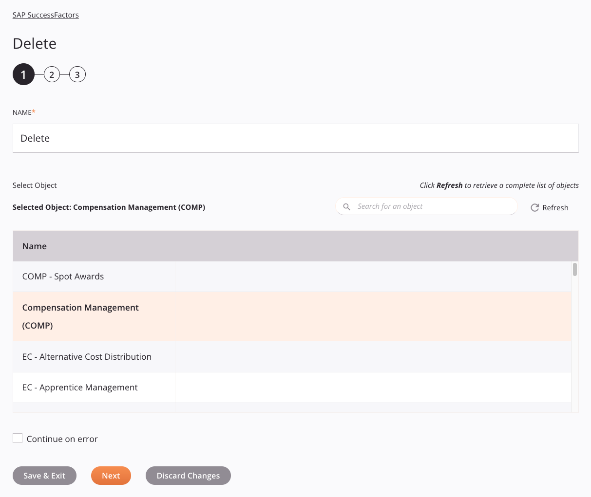 Paso 1 de configuración de actividad de eliminación de SAP SuccessFactors