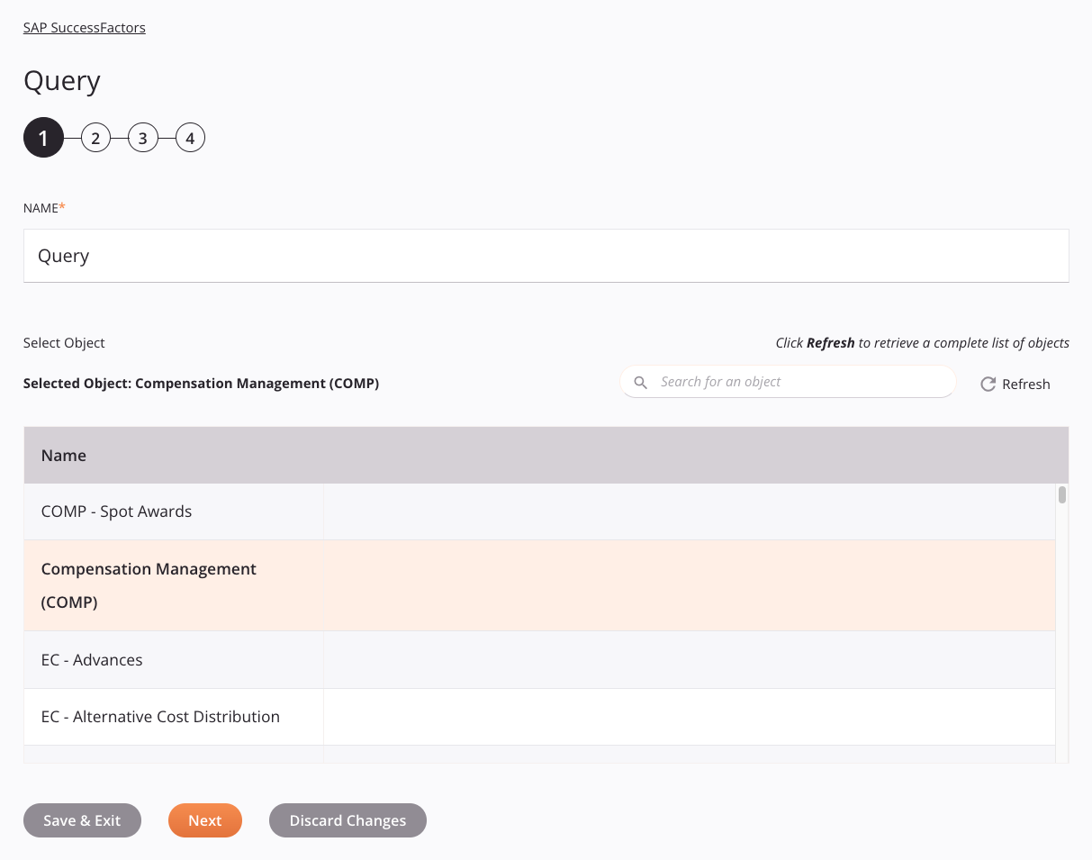 Etapa 1 da configuração da atividade de consulta do SAP SuccessFactors