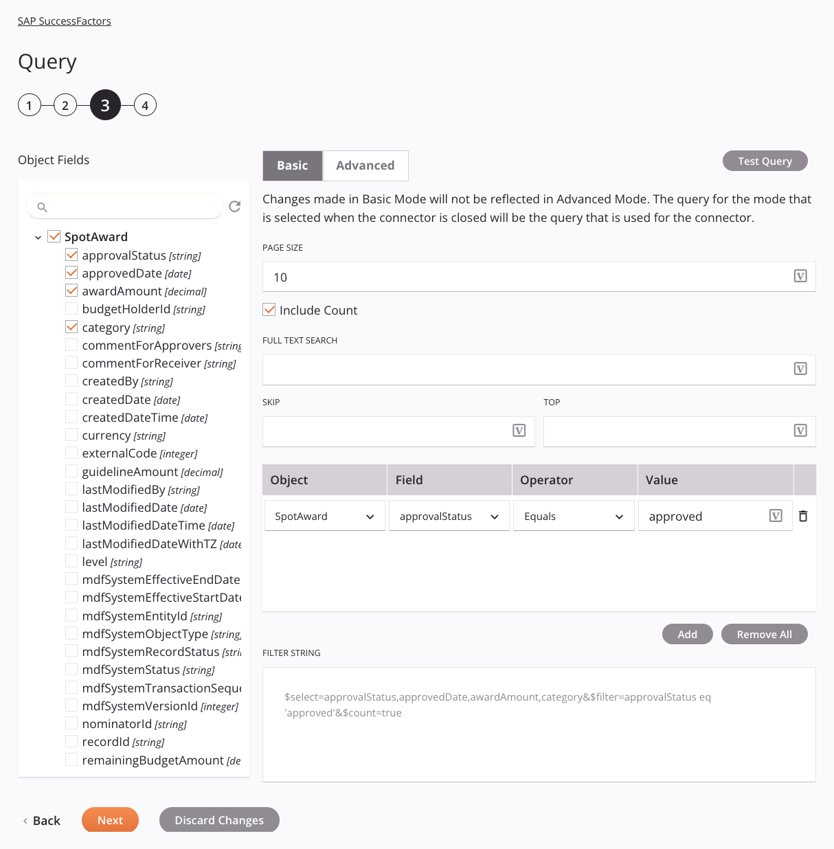 Etapa 3 da configuração da atividade de consulta do SAP SuccessFactors básica