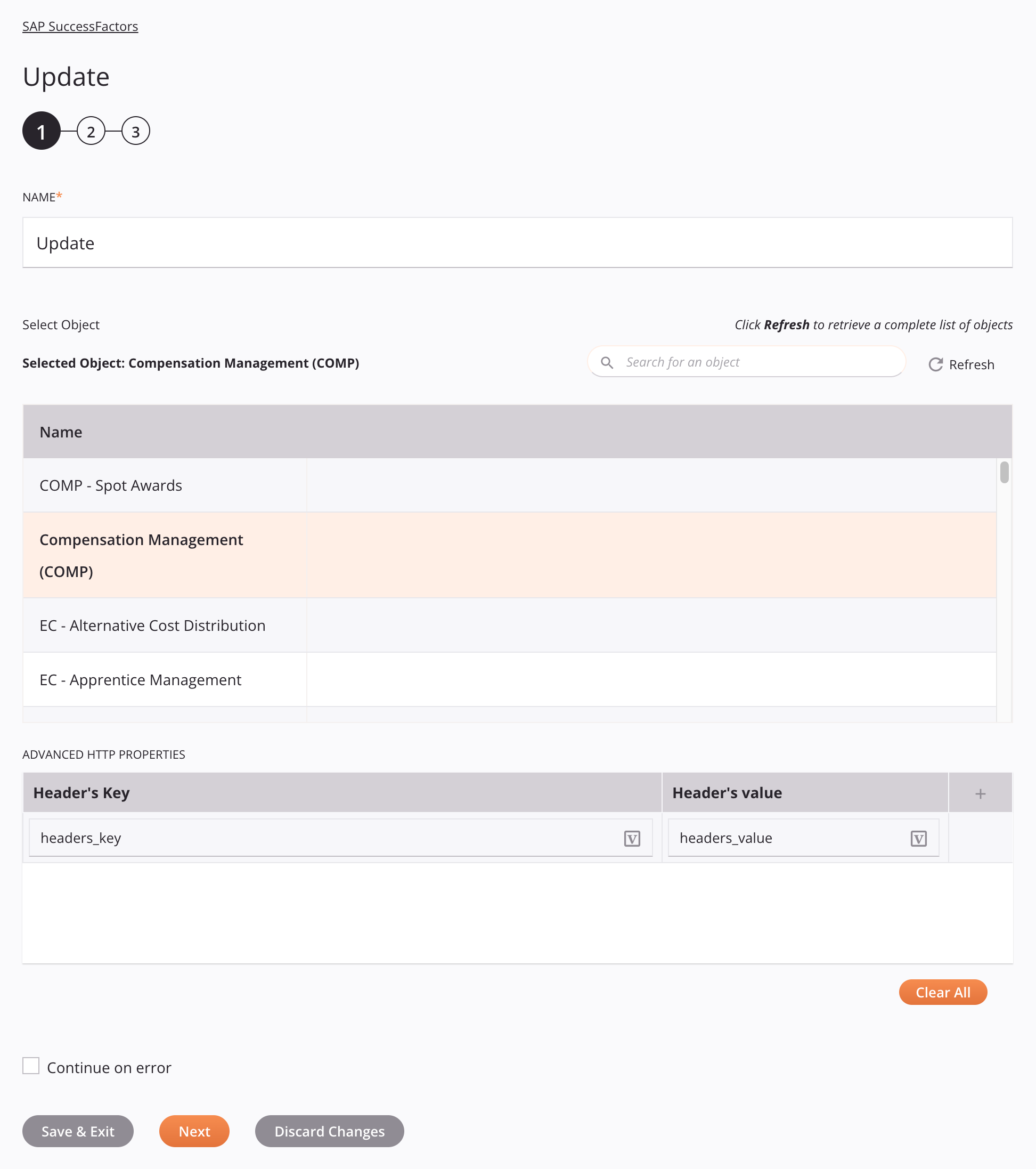 SAP SuccessFactors Update activity configuration step 1