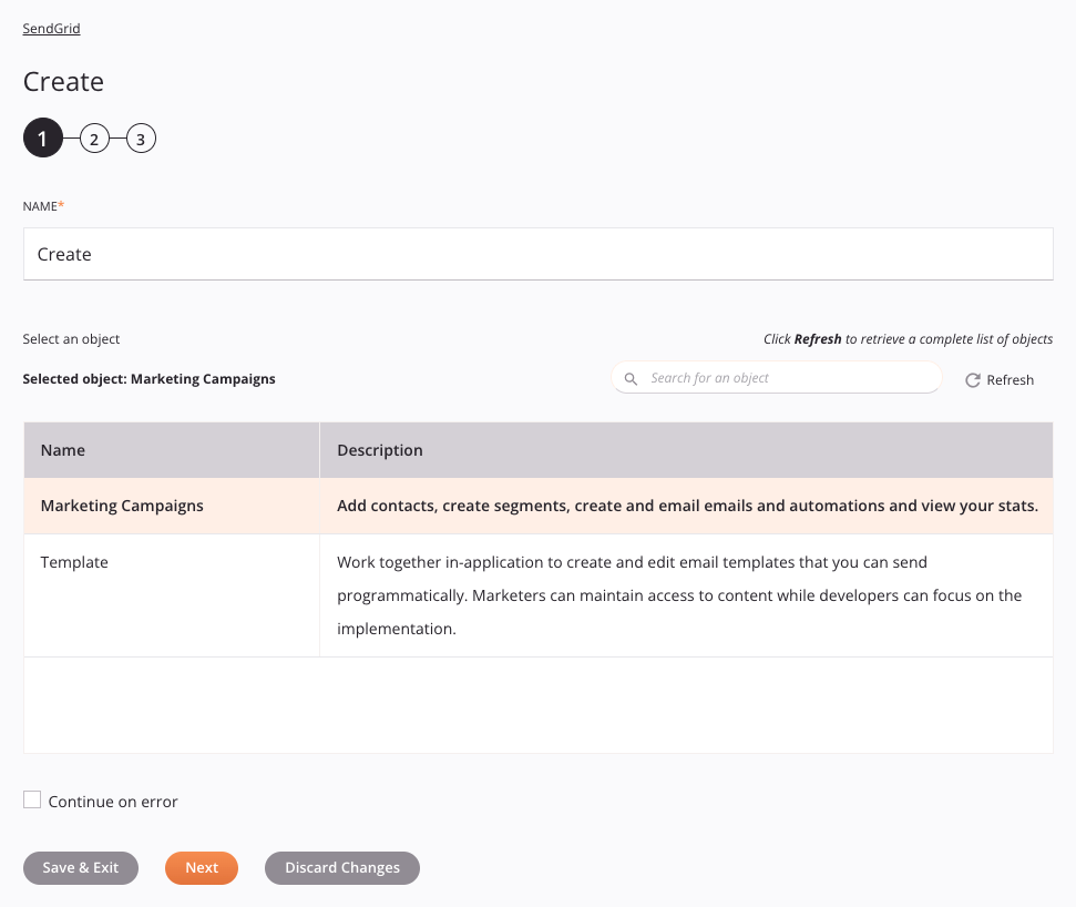 SendGrID Create activity configuration step 1