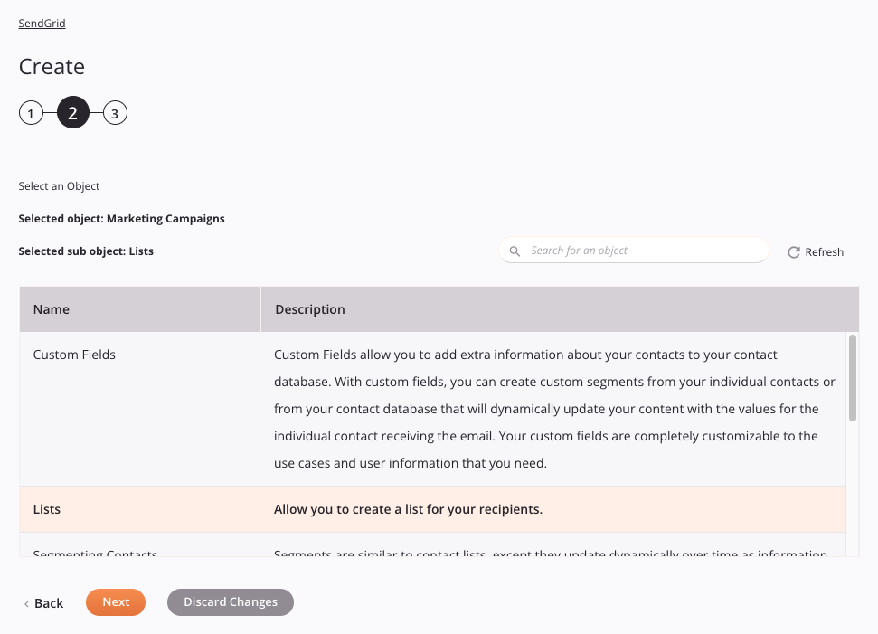 SendGrid Crear configuración de actividad Paso 2