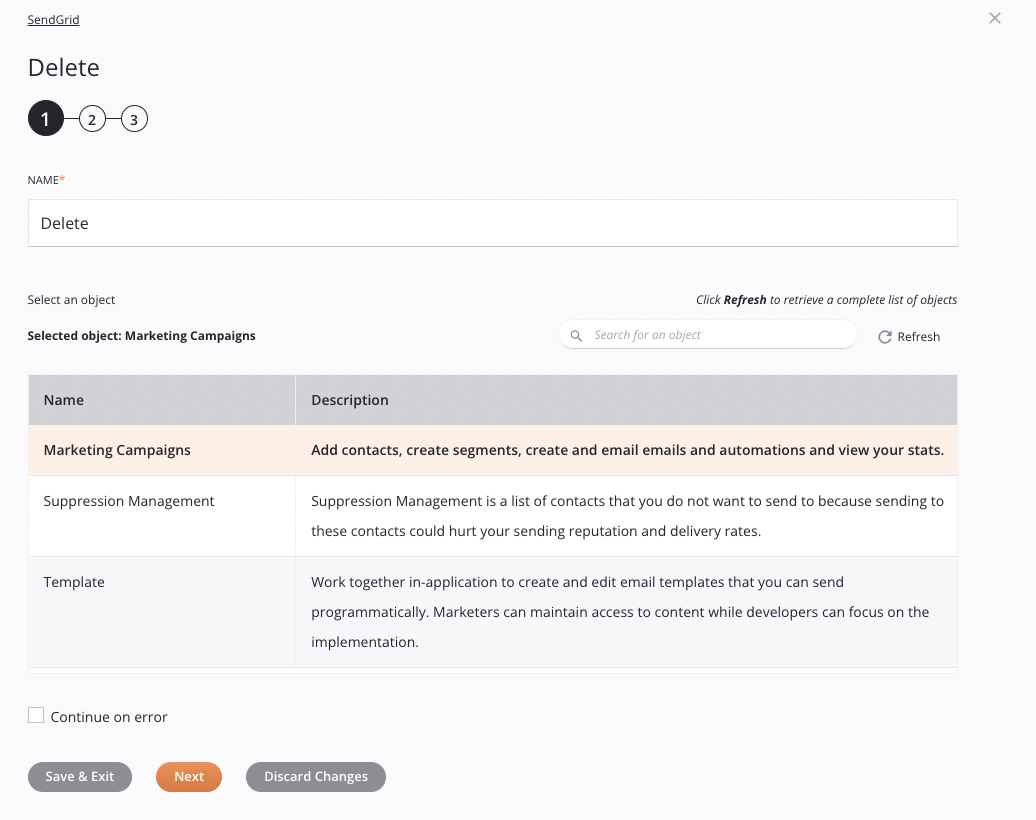 Paso 1 de configuración de actividad de eliminación de SendGrid