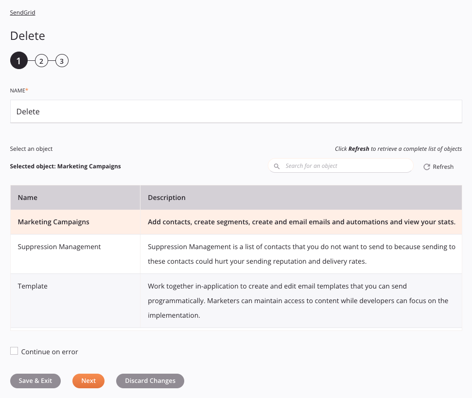 Paso 2 de configuración de actividad de eliminación de SendGrid