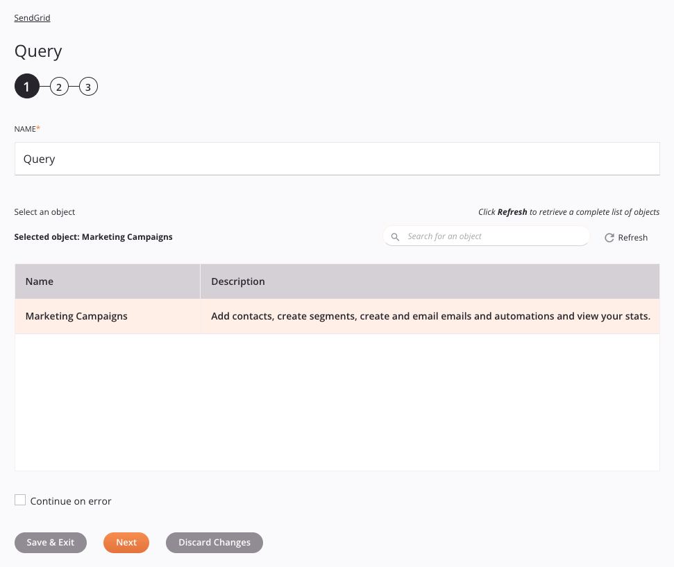 Paso 1 de configuración de la actividad de consulta de SendGrid