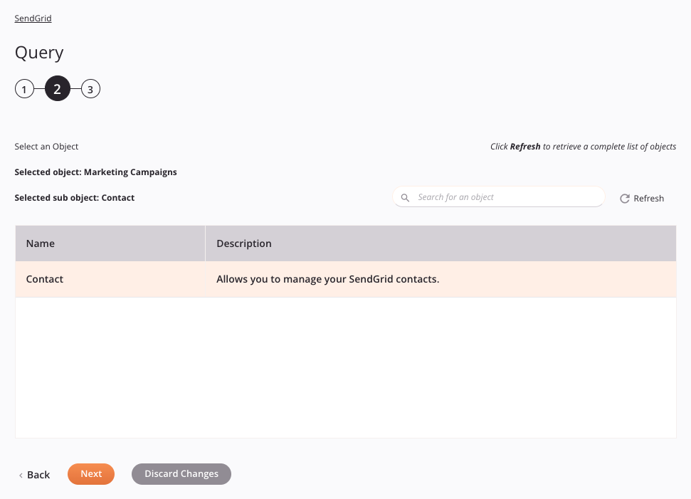 Paso 2 de configuración de la actividad de consulta de SendGrid