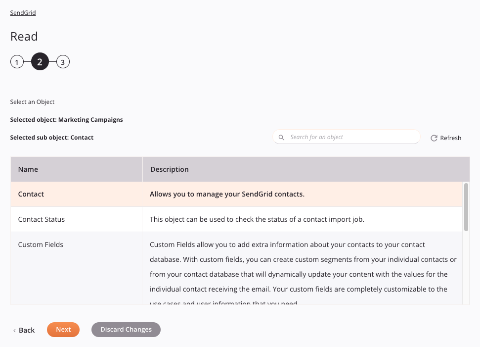 SendGrID Read activity configuration step 2