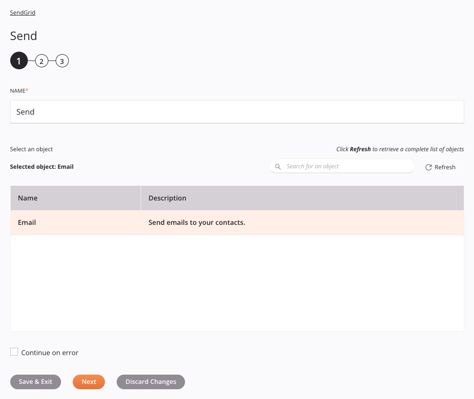 Paso 1 de configuración de actividad de envío de SendGrid