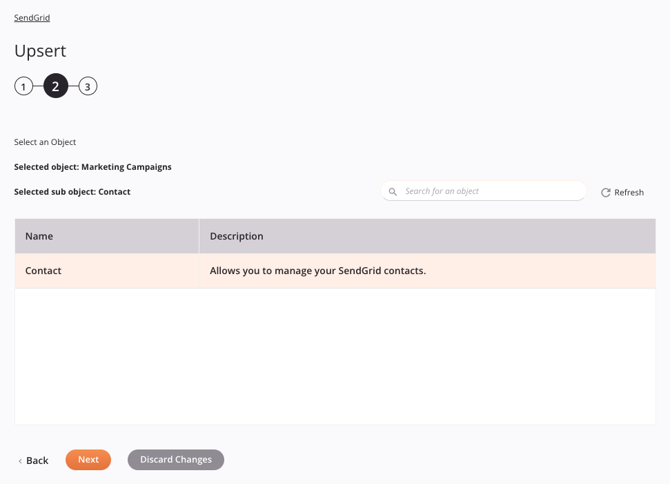 Paso 2 de configuración de la actividad de inserción de SendGrid