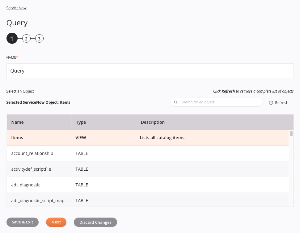 Etapa 1 da configuração da atividade de consulta do ServiceNow