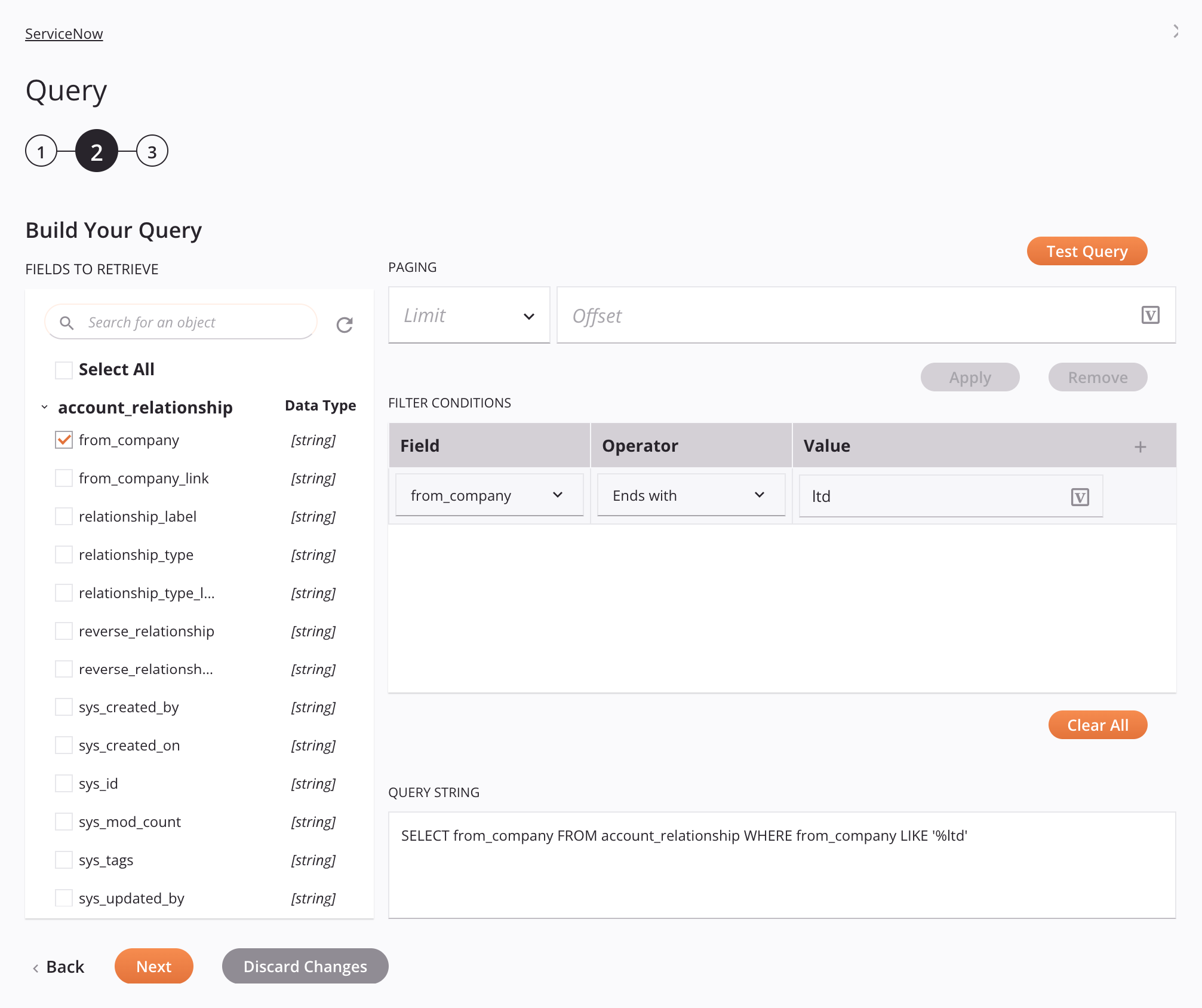 Paso 2 de configuración de la actividad de consulta de ServiceNow