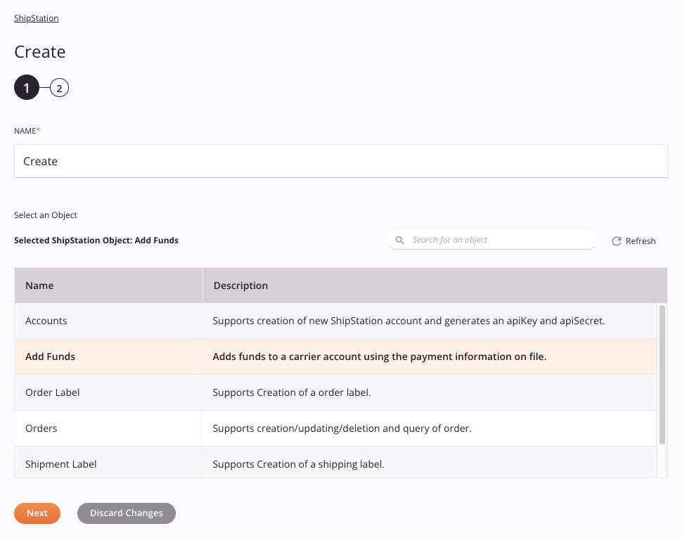 ShipStation Create activity configuration step 1