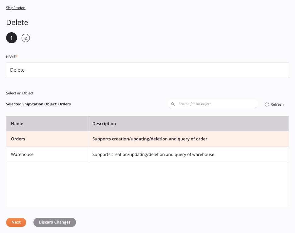 Etapa 1 da configuração da atividade de exclusão do ShipStation