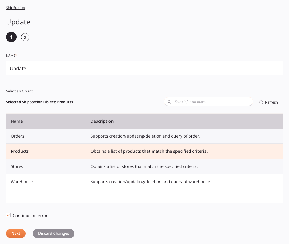 Paso 1 de configuración de la actividad de actualización de ShipStation