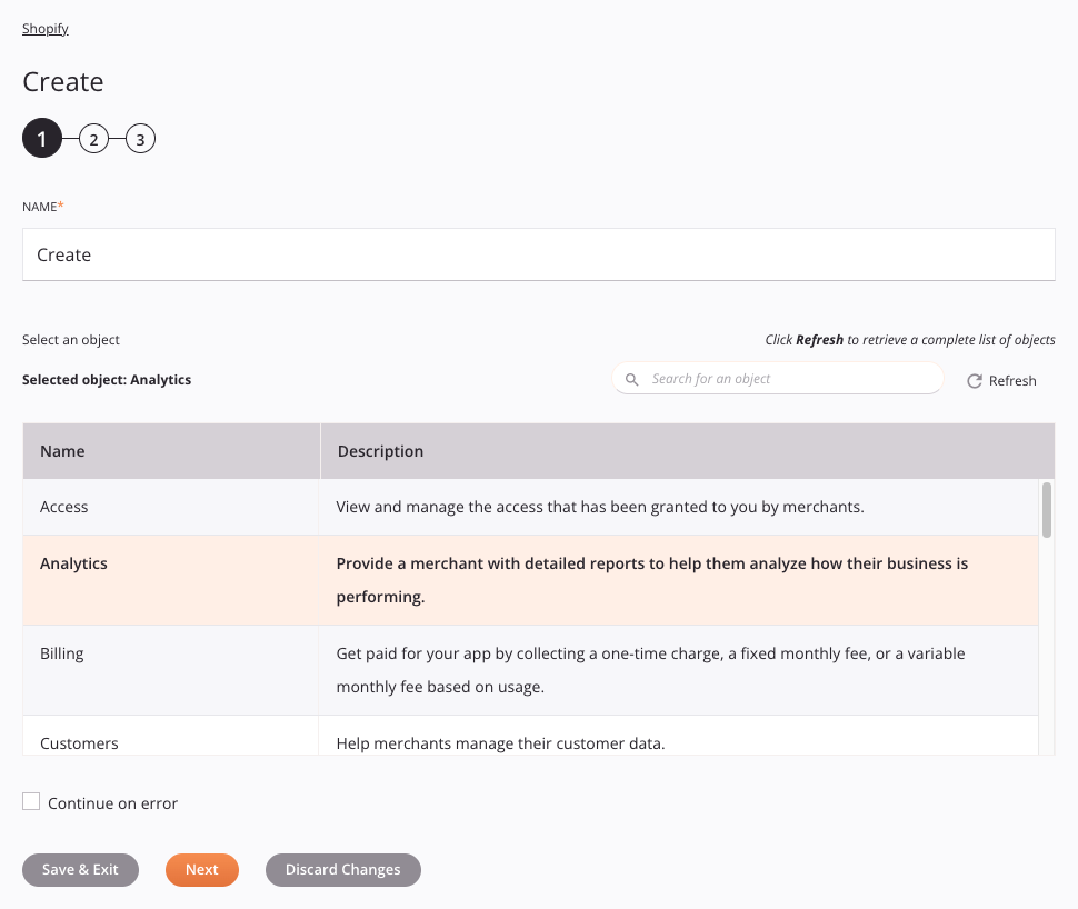 Shopify Create activity configuration step 1