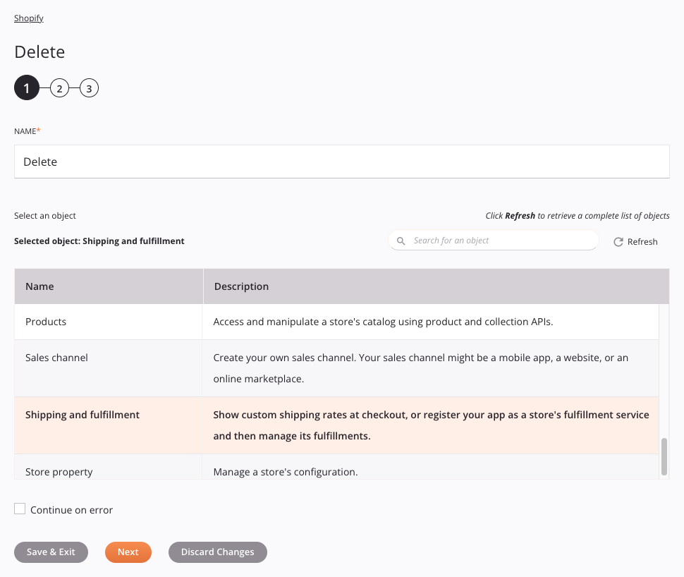 Paso 1 de la configuración de la actividad de eliminación de Shopify