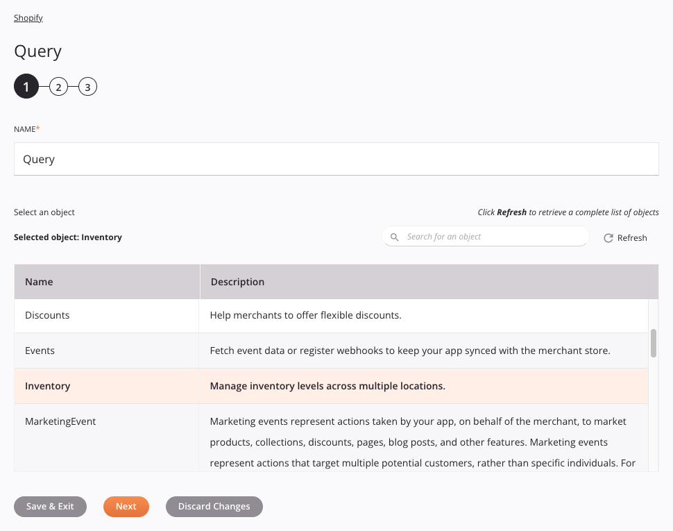 Shopify Query activity configuration step 1