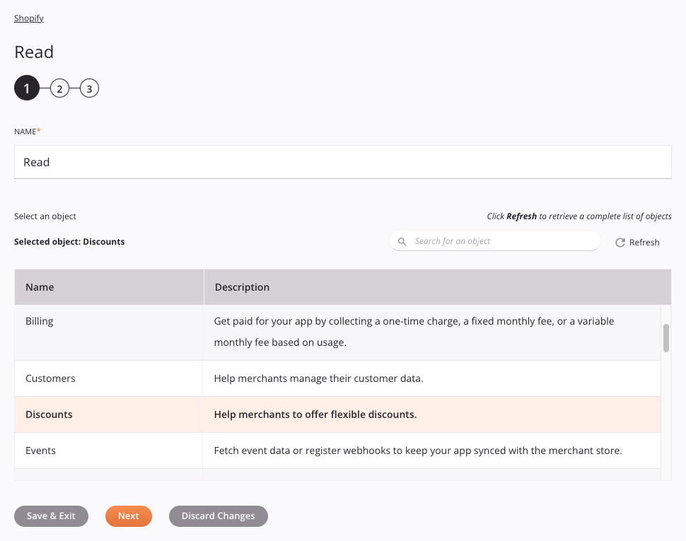 Shopify Read activity configuration step 1