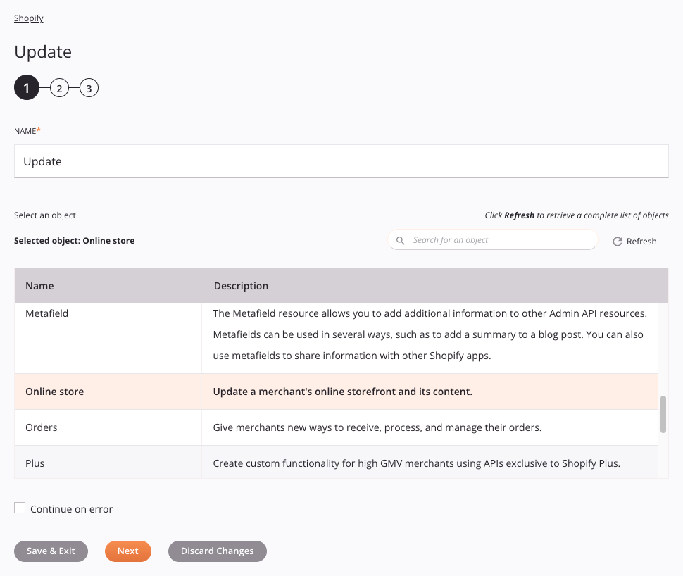 Paso 1 de la configuración de la actividad de actualización de Shopify