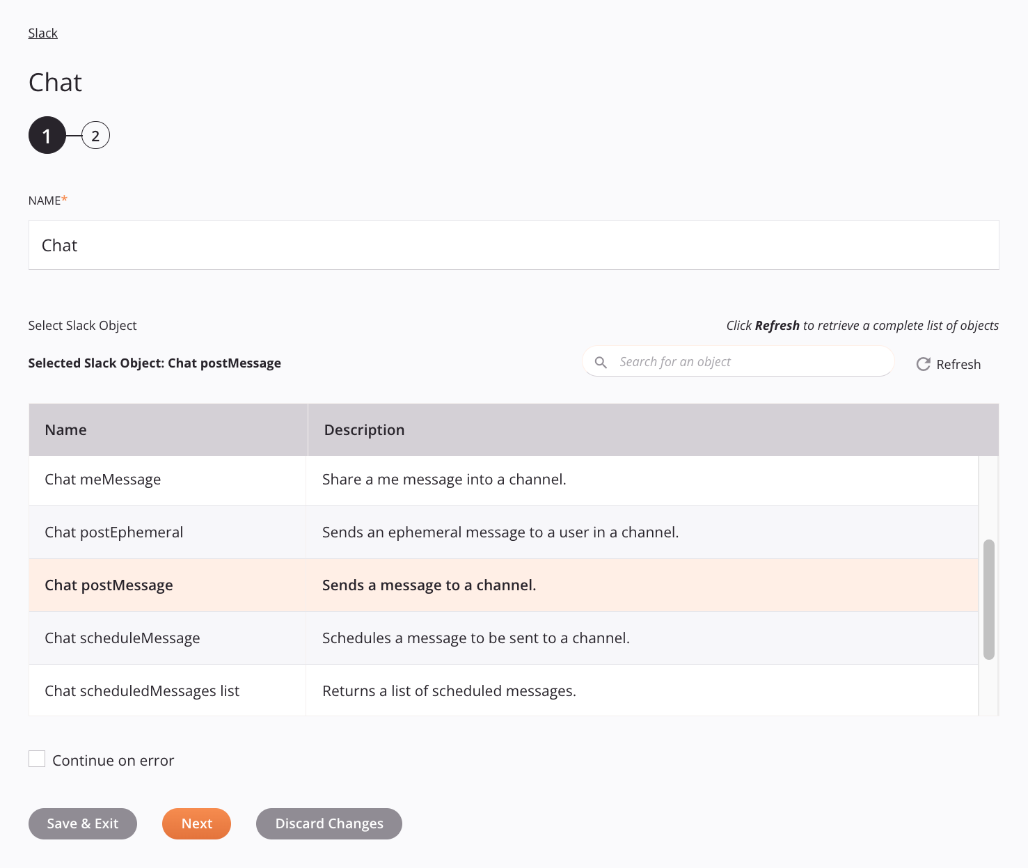 Slack Chat activity configuration step 1