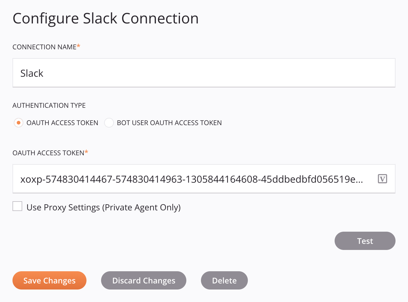 Configuración de conexión de Slack