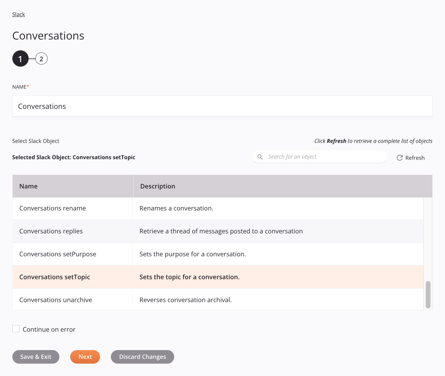 Paso 1 de configuración de la actividad de conversaciones de Slack