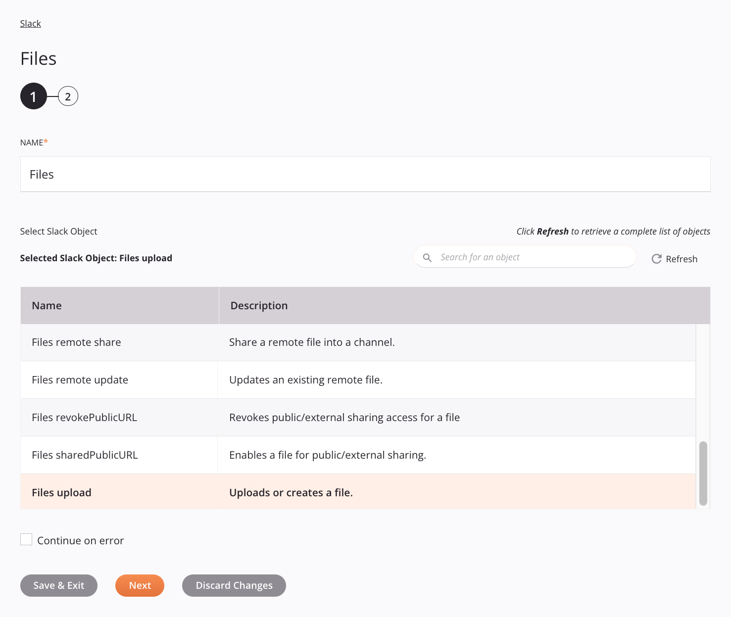 Etapa 1 da configuração da atividade de arquivos do Slack