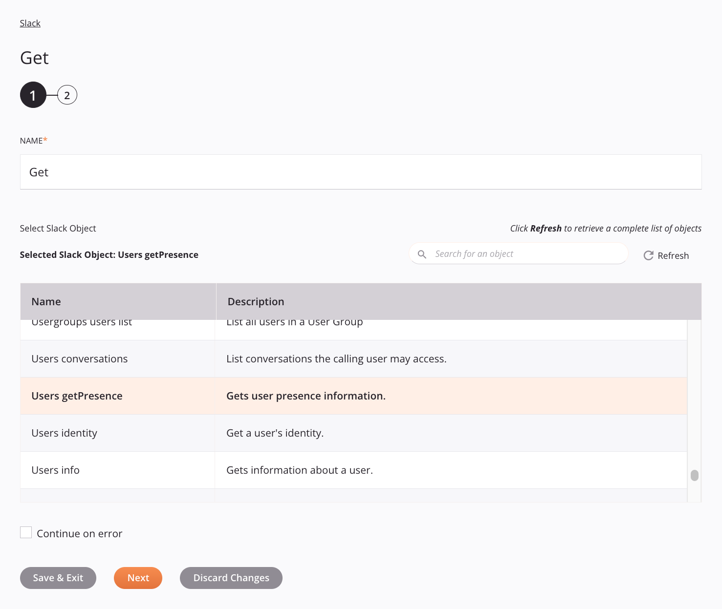 Slack Get activity configuration step 1